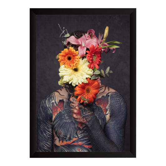 Floral Portrait Wall Art | Tattooed Man with Vibrant Flower Bouquet