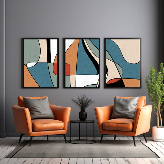Modern Abstract Wall Art Set of 3 | Mid-Century Geometric Prints | Contemporary Minimalist Decor