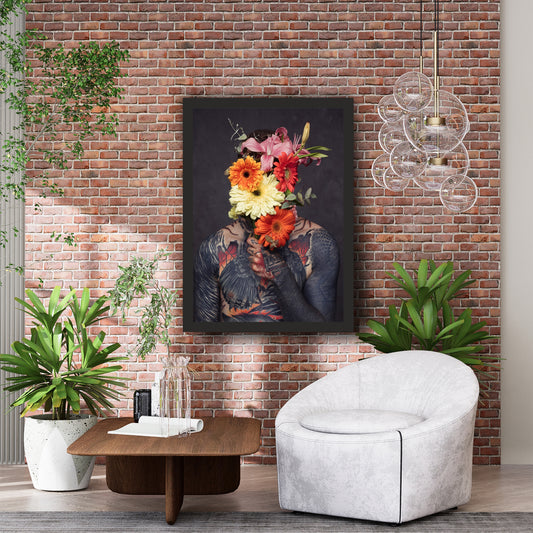 Floral Portrait Wall Art | Tattooed Man with Vibrant Flower Bouquet