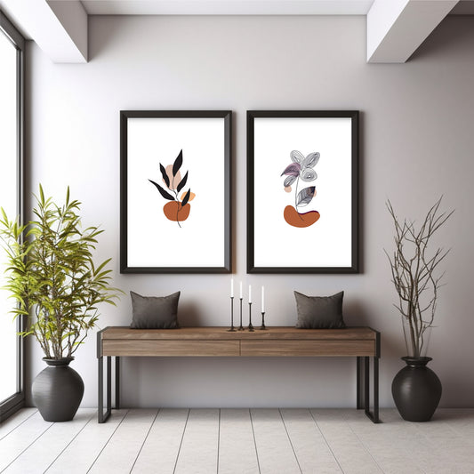 Abstract Botanical Wall Art Set of 2 | Minimalist Black Leaf & Line Art Prints | Mid Century Modern Boho Home Decor