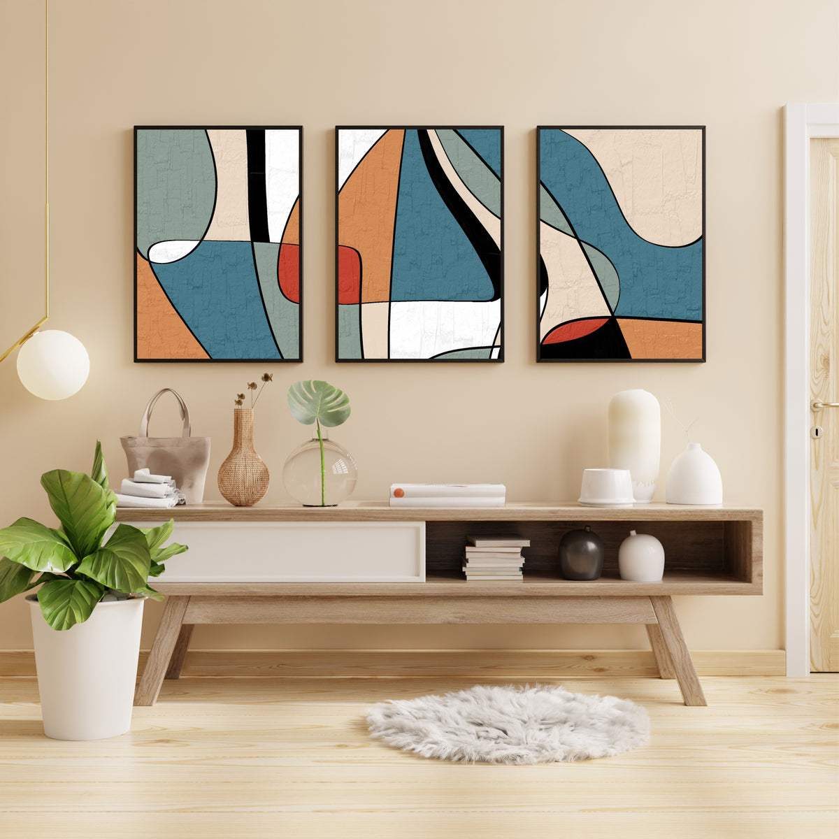 Modern Abstract Wall Art Set of 3 | Mid-Century Geometric Prints | Contemporary Minimalist Decor