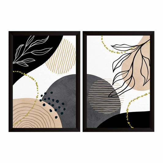 Abstract Botanical Wall Art Set of 2 | Modern Black & Beige Leaf Line Art Prints | Geometric Neutral Boho Home Decor
