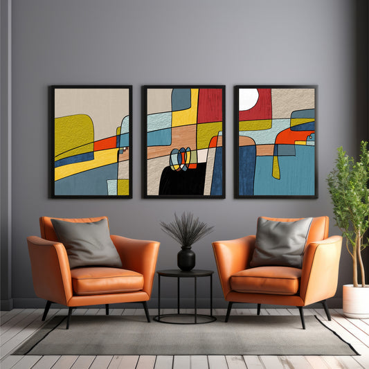 Modern Colorful Abstract Wall Art Set of 3 | Mid-Century Geometric Prints | Contemporary Home Decor