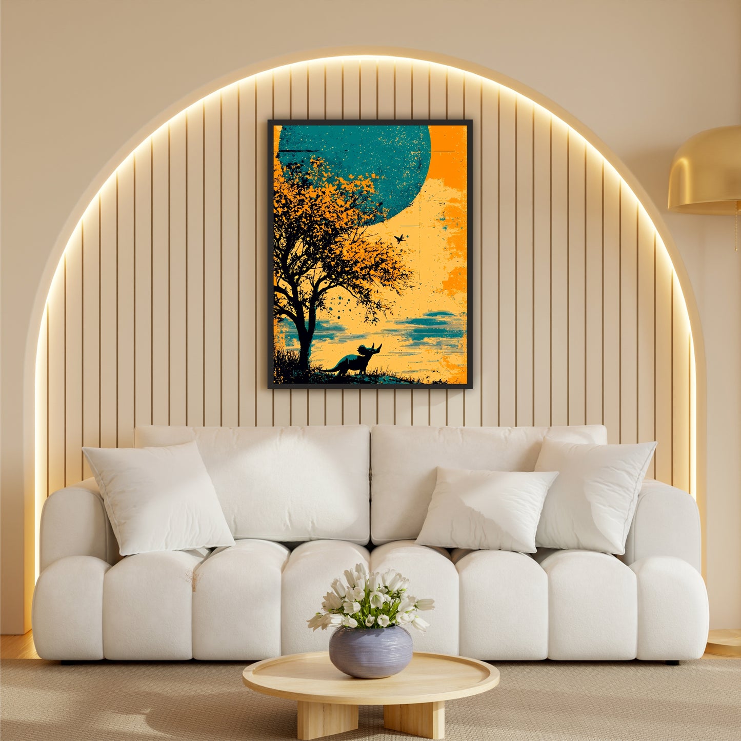 Dinosaur Wall Art | Triceratops Silhouette Moon Landscape