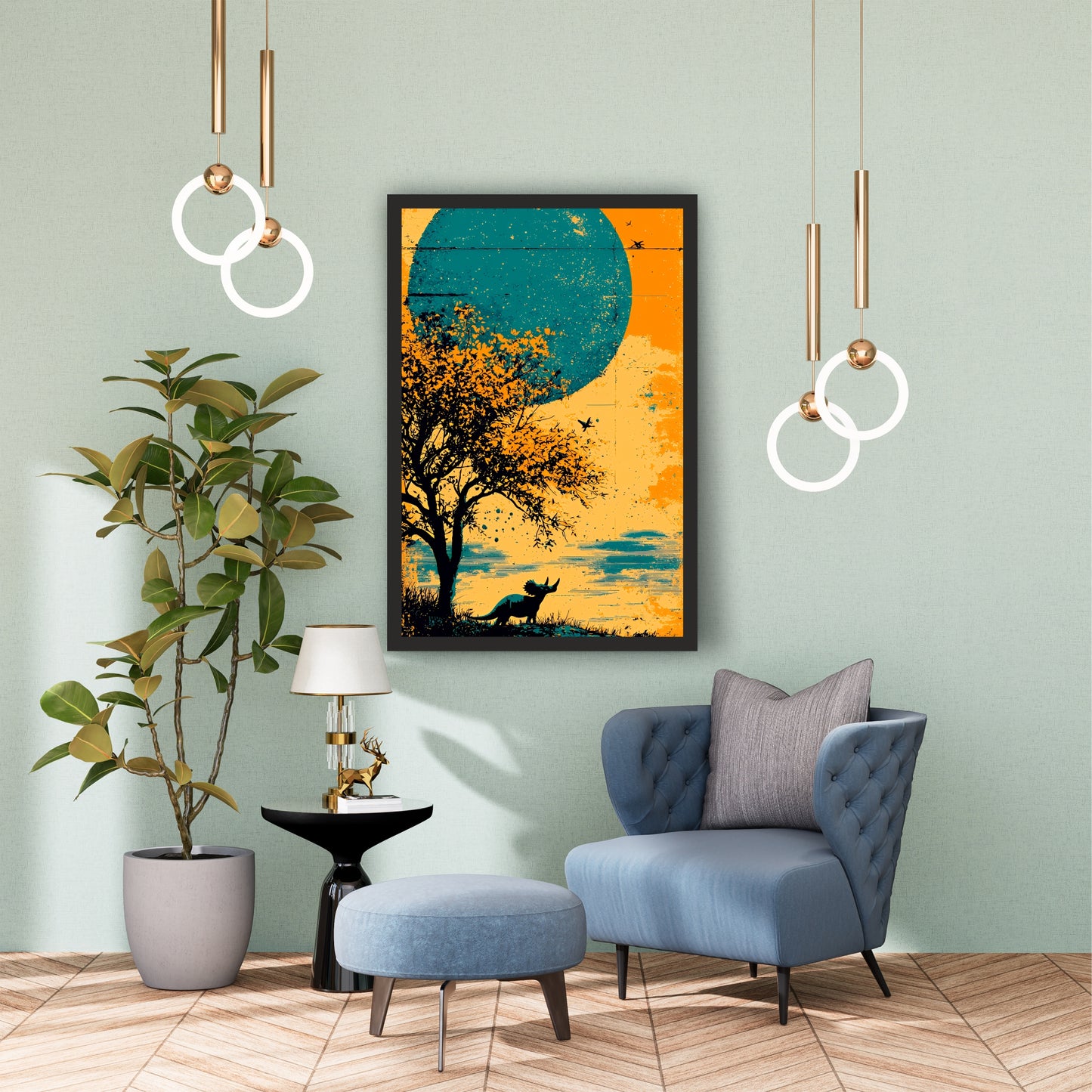 Dinosaur Wall Art | Triceratops Silhouette Moon Landscape