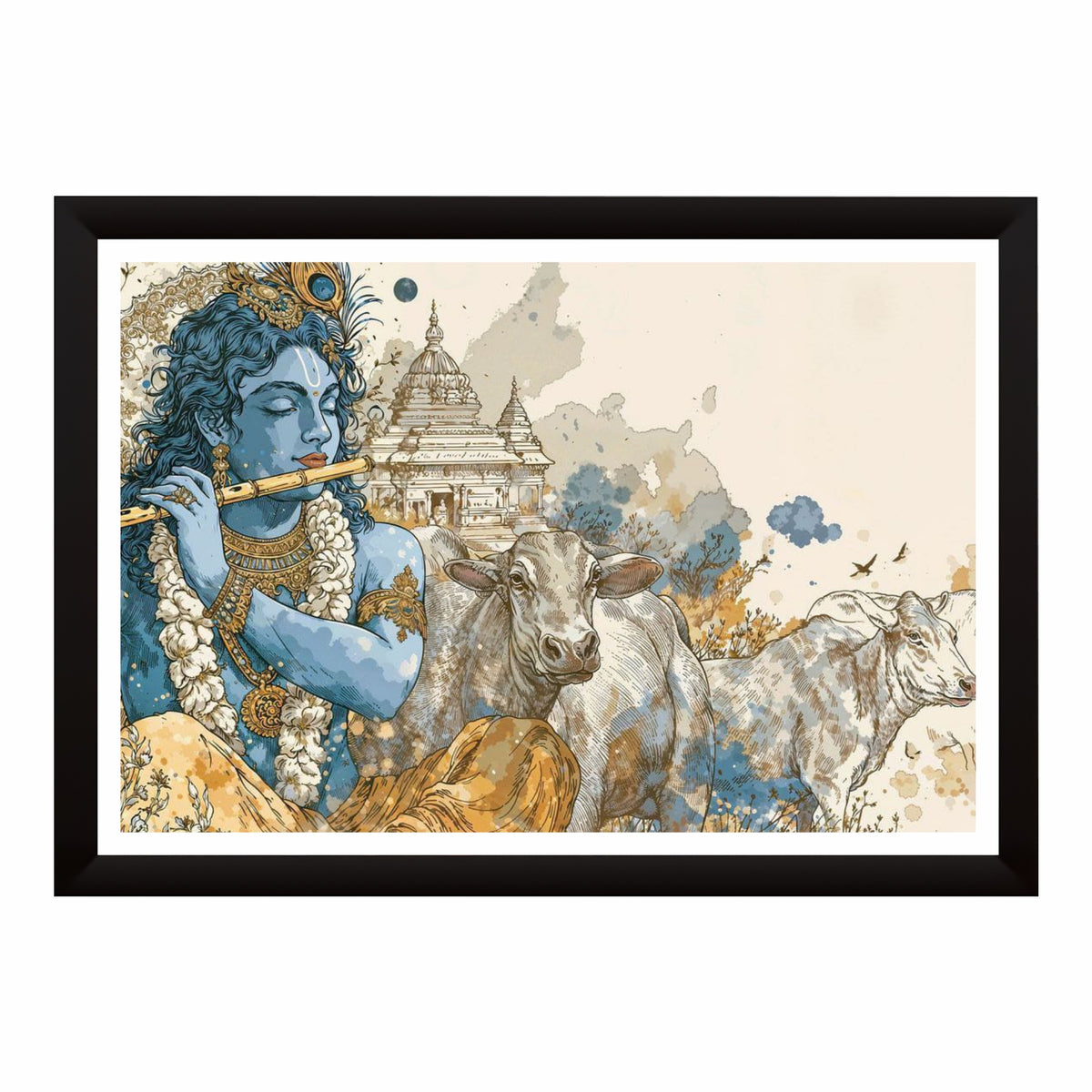Lord Krishna Wall Art | Playing Flute with Sacred Cows | Spiritual Hindu Artwork | Premium Religious Home Decor