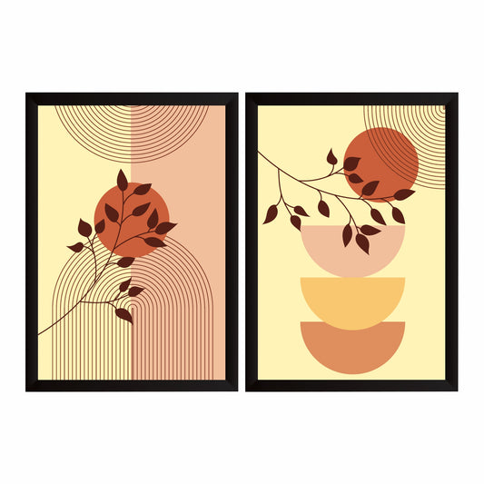 Mid Century Modern Abstract Botanical Wall Art Set of 2 | Terracotta Sun & Leaf Prints | Geometric Boho Home Decor