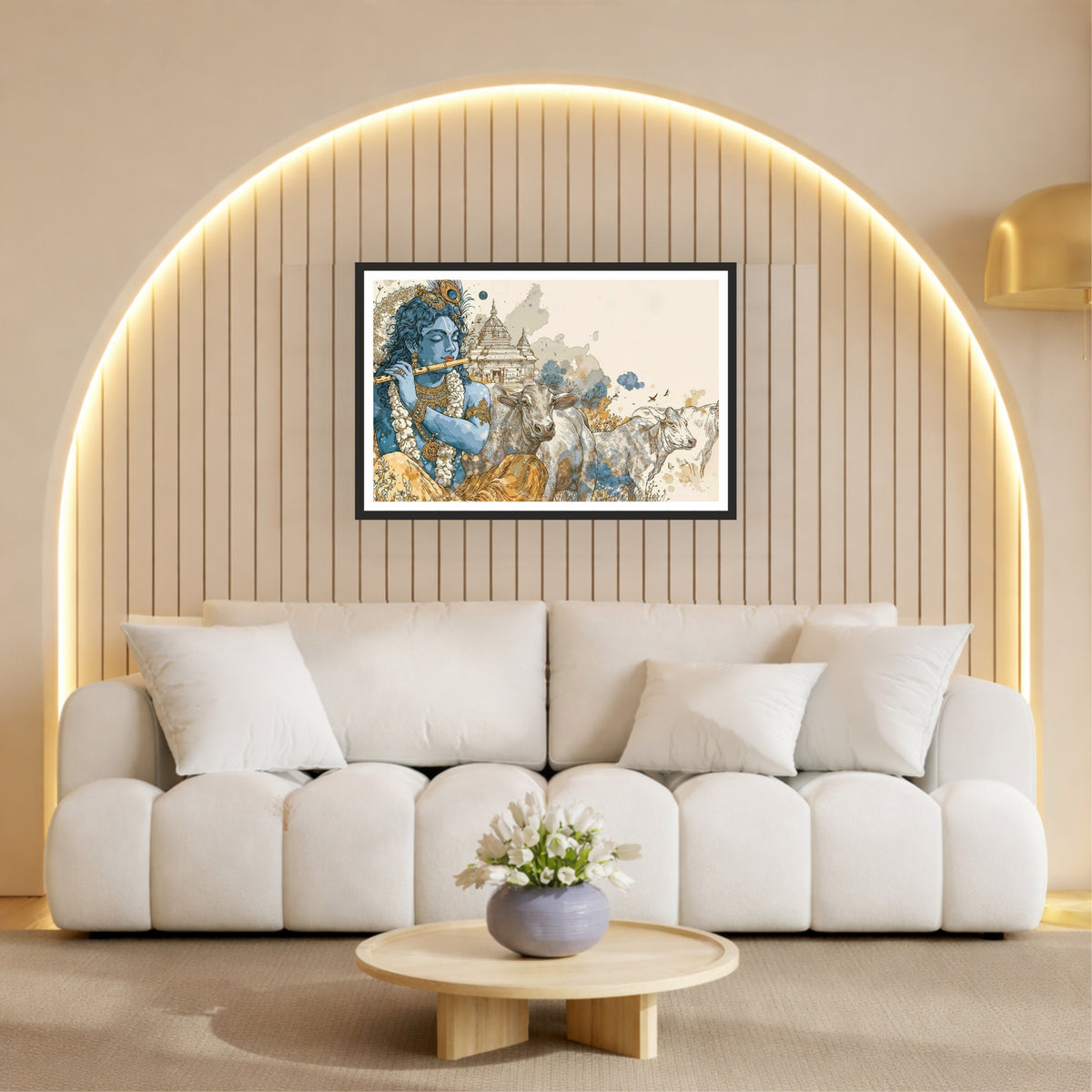Lord Krishna Wall Art | Playing Flute with Sacred Cows | Spiritual Hindu Artwork | Premium Religious Home Decor