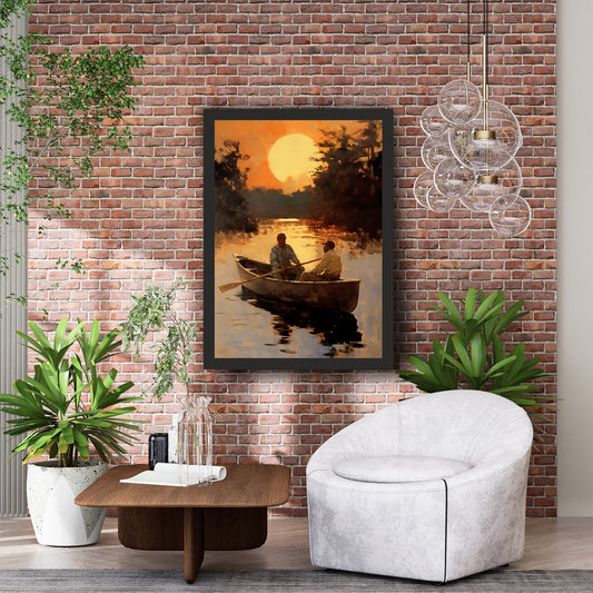 Boating Sunset Wall Art | Vintage Watercolor Lake Landscape