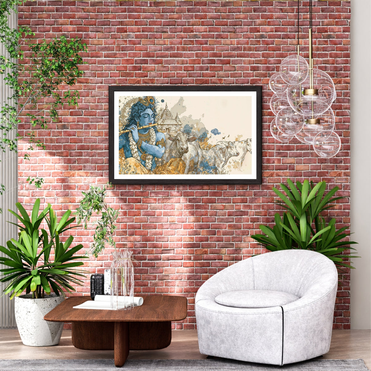 Lord Krishna Wall Art | Playing Flute with Sacred Cows | Spiritual Hindu Artwork | Premium Religious Home Decor