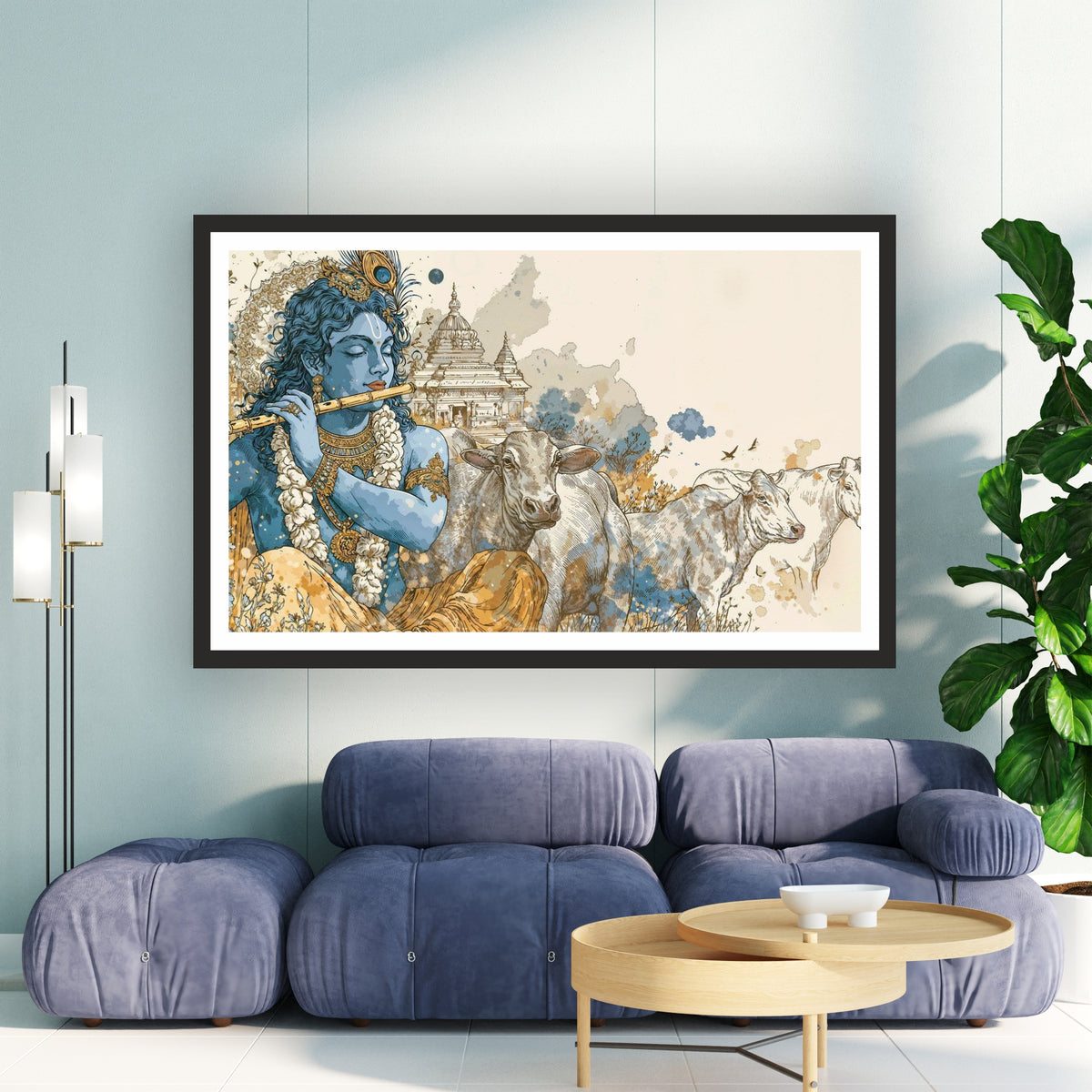 Lord Krishna Wall Art | Playing Flute with Sacred Cows | Spiritual Hindu Artwork | Premium Religious Home Decor