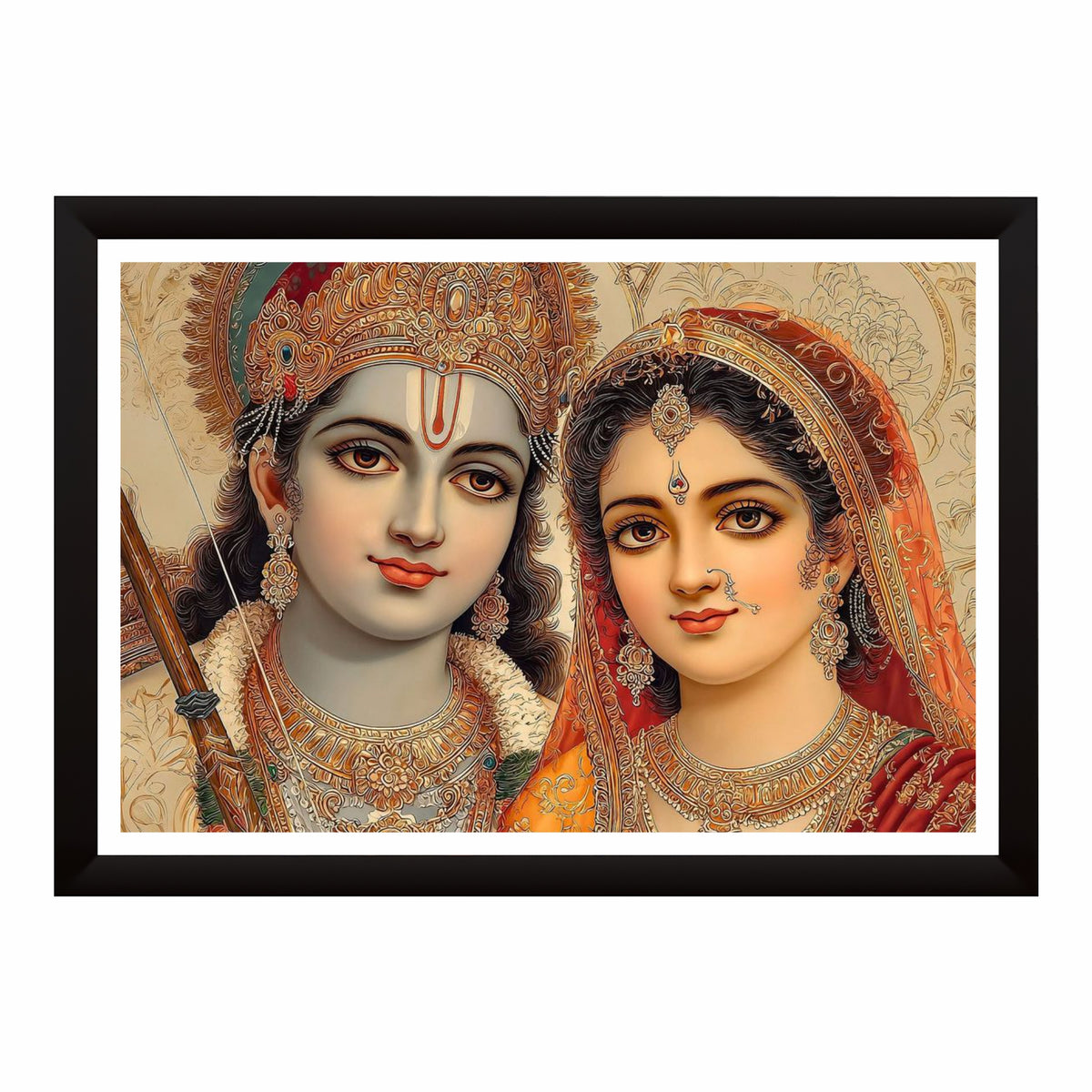Lord Rama & Goddess Sita Wall Art | Divine Hindu Couple Portrait | Ram Darbar Inspired Artwork | Premium Religious Home Decor