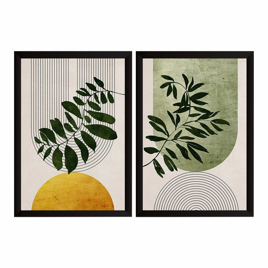 Botanical Wall Art Set of 2 | Olive Green Leaf Prints with Geometric Line Art | Mid Century Modern Nature Decor