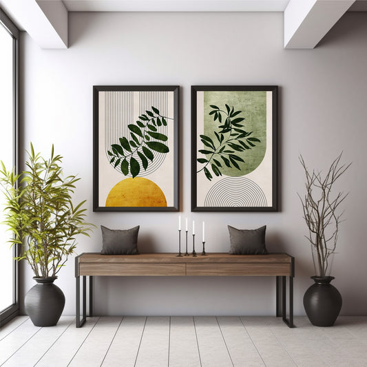 Botanical Wall Art Set of 2 | Olive Green Leaf Prints with Geometric Line Art | Mid Century Modern Nature Decor