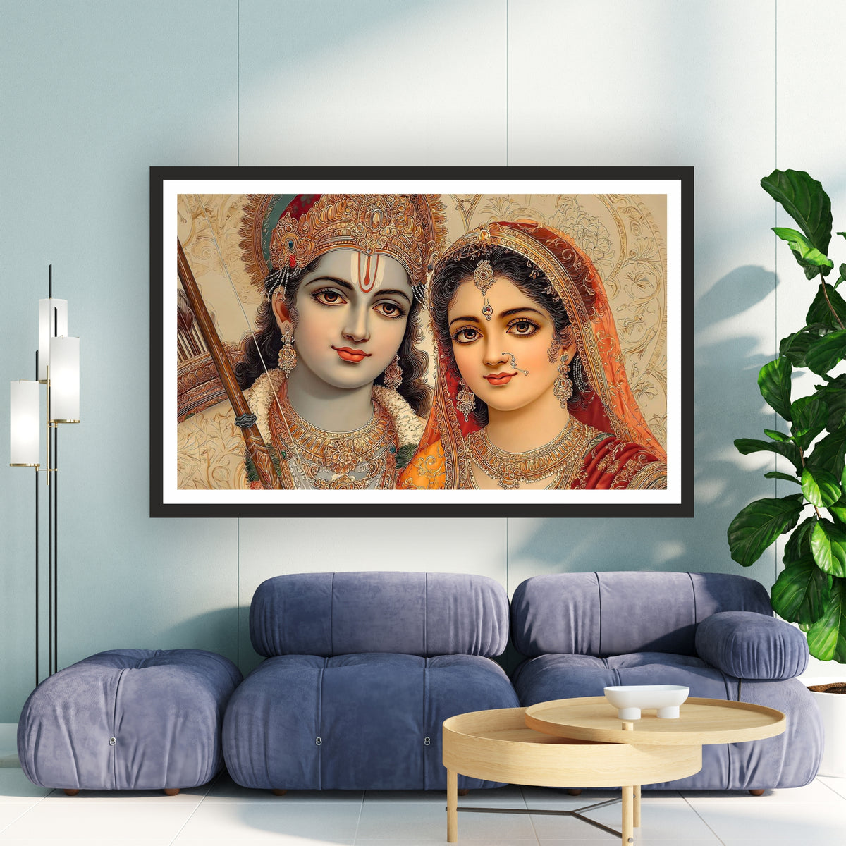 Lord Rama & Goddess Sita Wall Art | Divine Hindu Couple Portrait | Ram Darbar Inspired Artwork | Premium Religious Home Decor