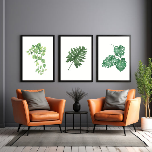 Watercolor Tropical Botanical Wall Art Set of 3 – Green Monstera & Hanging Leaf Prints