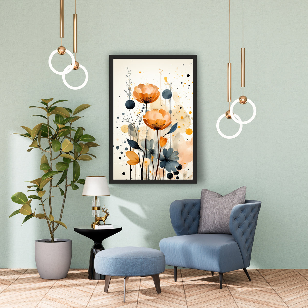 Abstract Floral Wall Art | Orange & Blue Botanical Artwork