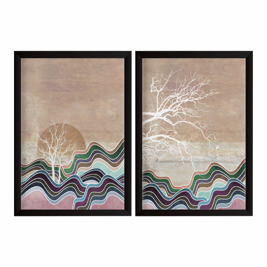 Abstract Landscape Wall Art Set of 2 | Wavy Mountain & Tree Prints | Neutral Earth Tone Modern Nature Decor
