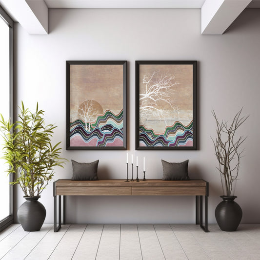 Abstract Landscape Wall Art Set of 2 | Wavy Mountain & Tree Prints | Neutral Earth Tone Modern Nature Decor