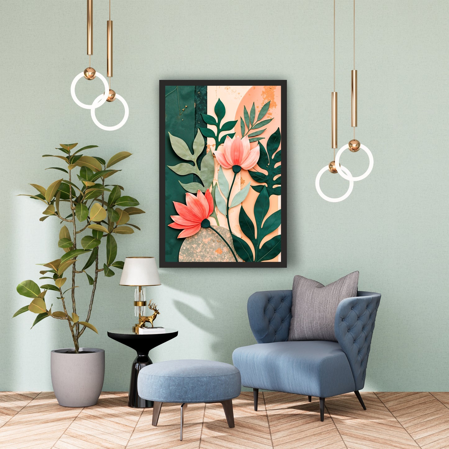 Tropical Floral Wall Art | Pink Lotus & Green Botanical Artwork