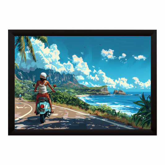 Coastal Scooter Ride Wall Art | Tropical Beach Road Canvas | Scenic Travel Landscape Poster