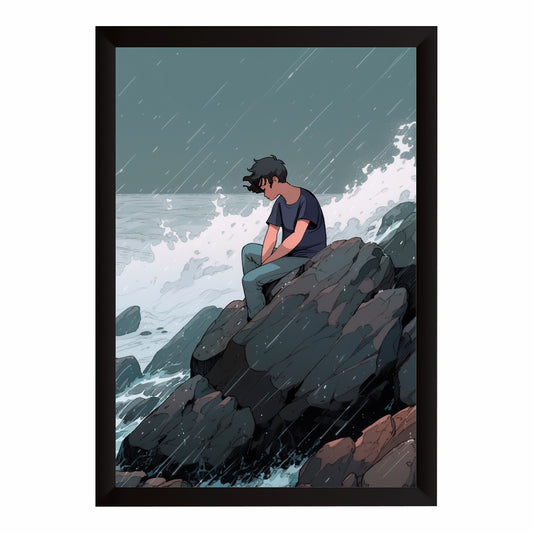 Anime Rain Wall Art | Sad Boy Ocean Canvas | Aesthetic Wall Decor