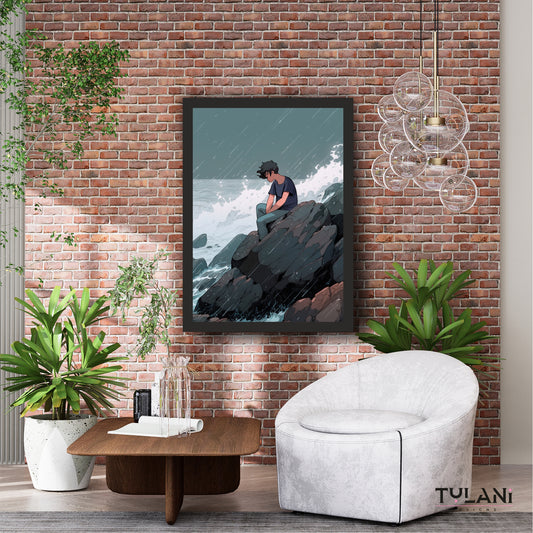 Anime Rain Wall Art | Sad Boy Ocean Canvas | Aesthetic Wall Decor