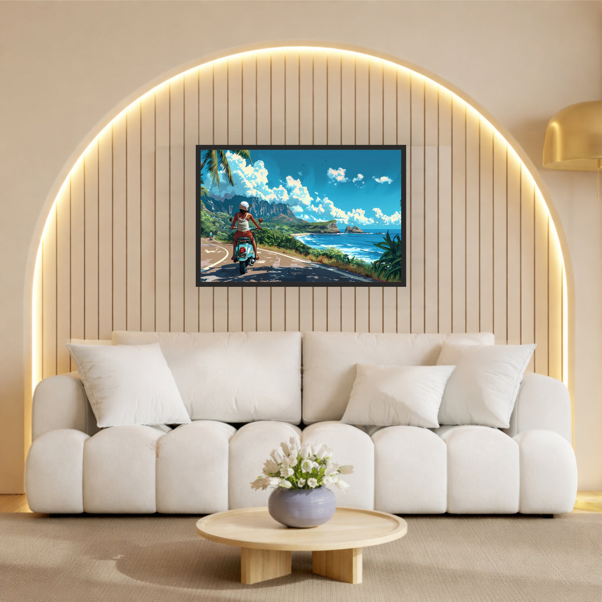 Coastal Scooter Ride Wall Art | Tropical Beach Road Canvas | Scenic Travel Landscape Poster