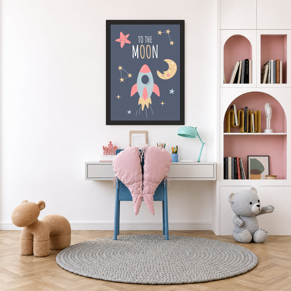 To the Moon Rocket Wall Art | Cute Space Adventure Nursery Print
