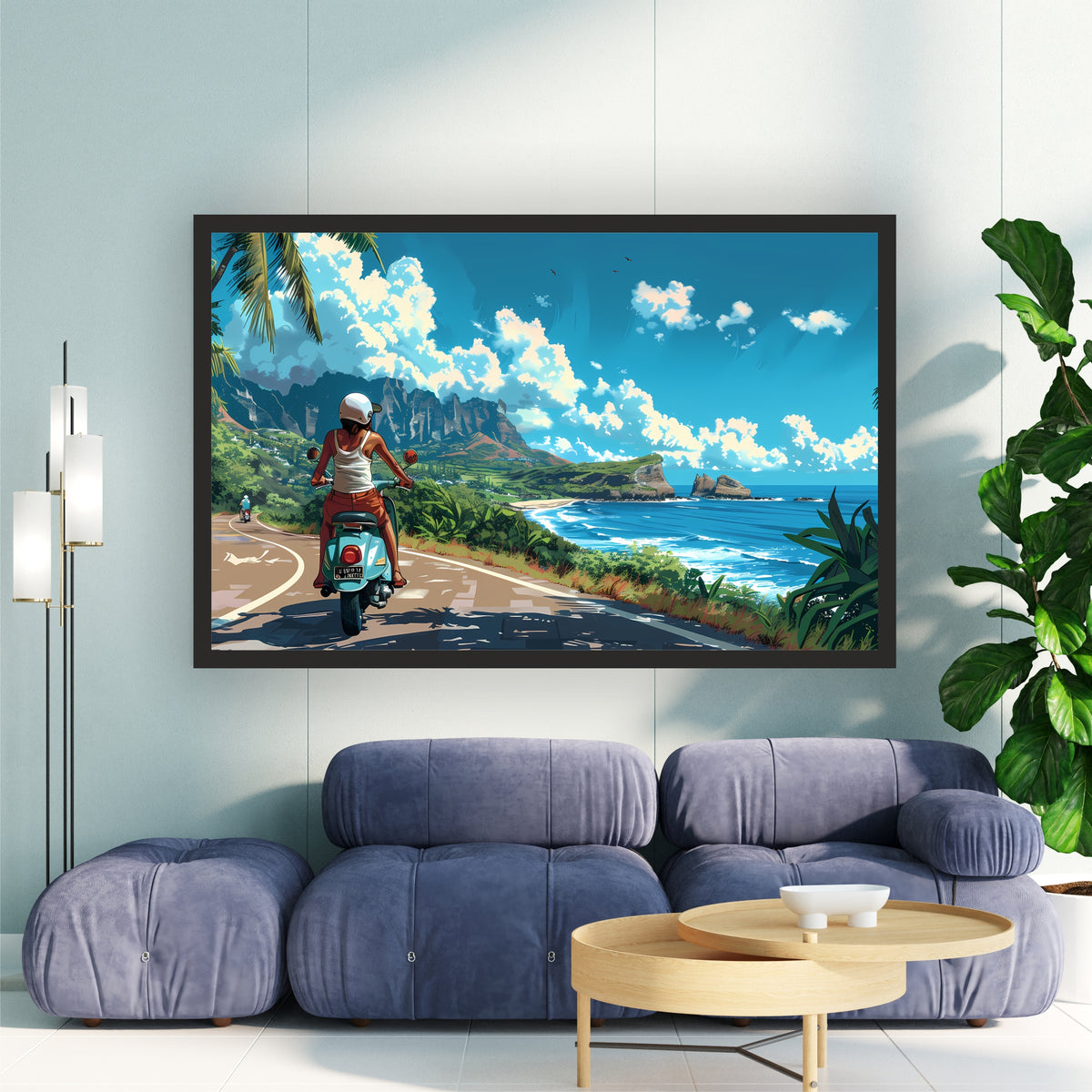 Coastal Scooter Ride Wall Art | Tropical Beach Road Canvas | Scenic Travel Landscape Poster
