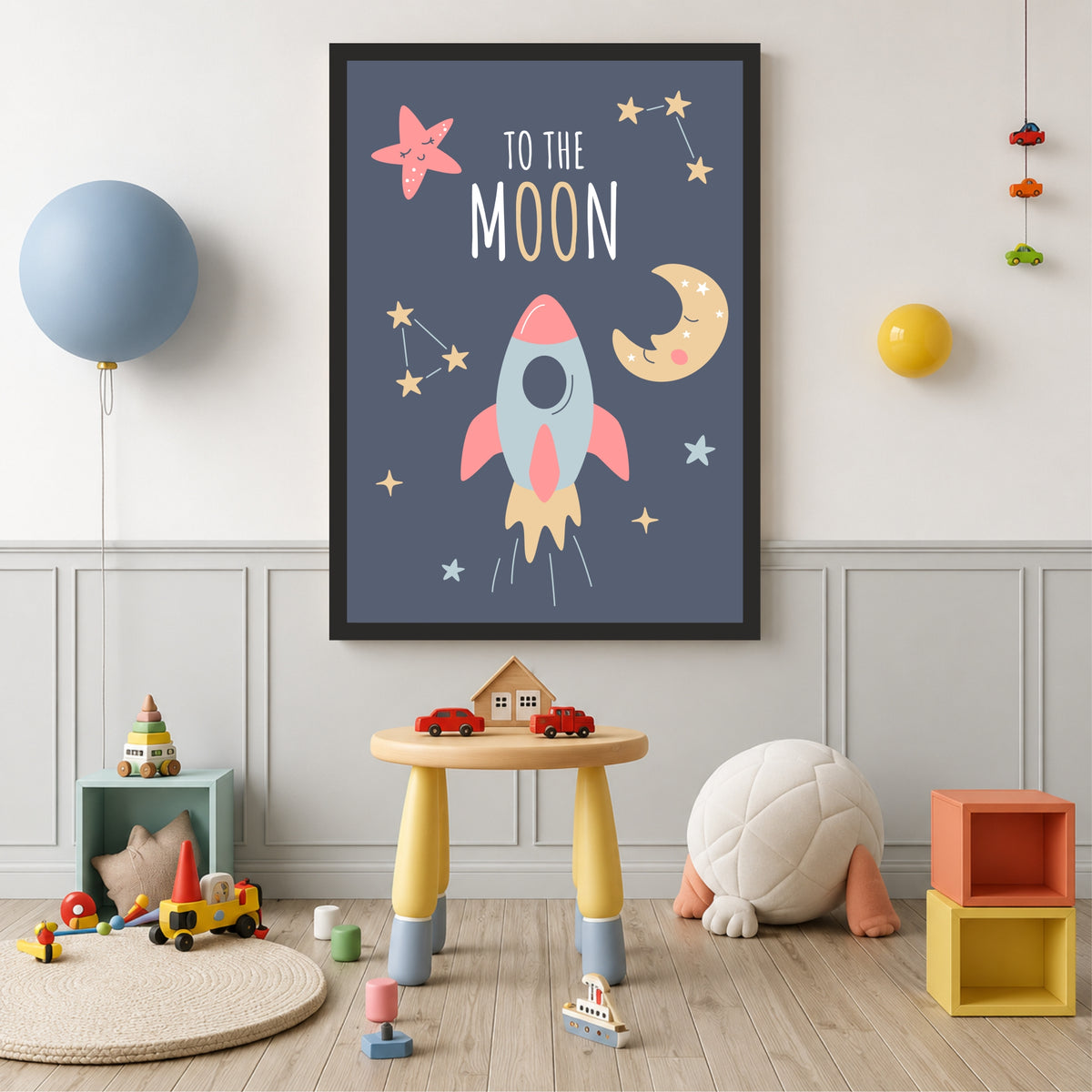 To the Moon Rocket Wall Art | Cute Space Adventure Nursery Print