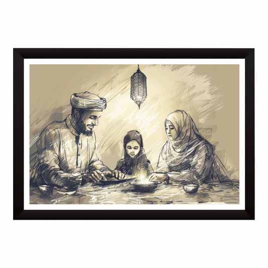 Muslim Family Iftar Wall Art | Ramadan Sketch Illustration | Islamic Family Artwork | Sepia Eid Home Decor