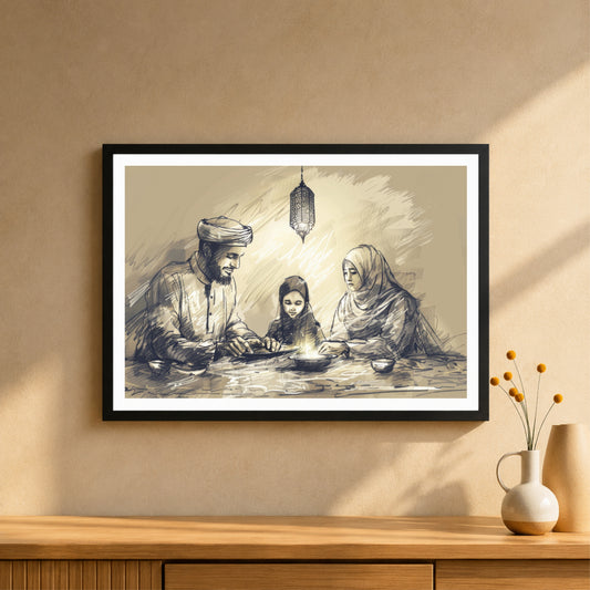 Muslim Family Iftar Wall Art | Ramadan Sketch Illustration | Islamic Family Artwork | Sepia Eid Home Decor