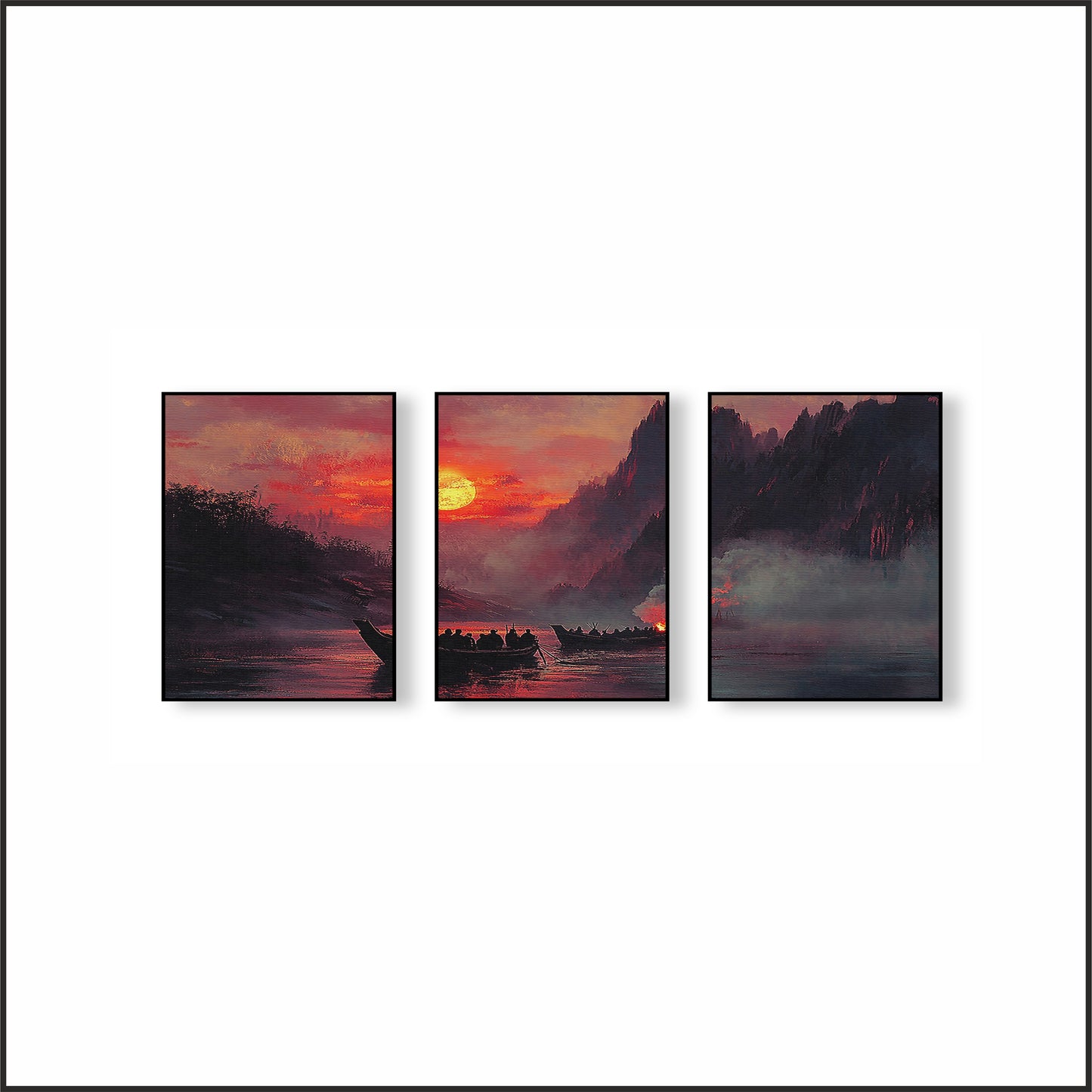 Crimson Sunset Harmony Wall Frame Set – The Art of Peace and Warmth