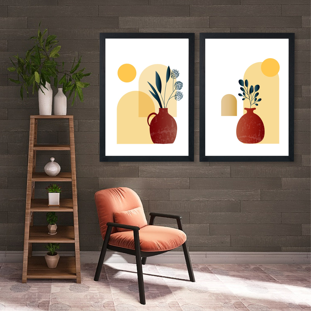 Abstract Vase Wall Art Set of 2 | Modern Botanical Terracotta Vase Prints | Minimalist Boho Home Decor