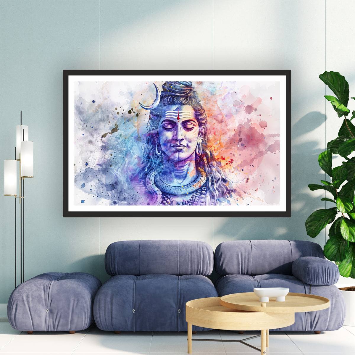 Lord Shiva Watercolor Wall Art | Mahadev Abstract Spiritual Painting | Modern Hindu Religious Decor | Premium HD Wall Frame