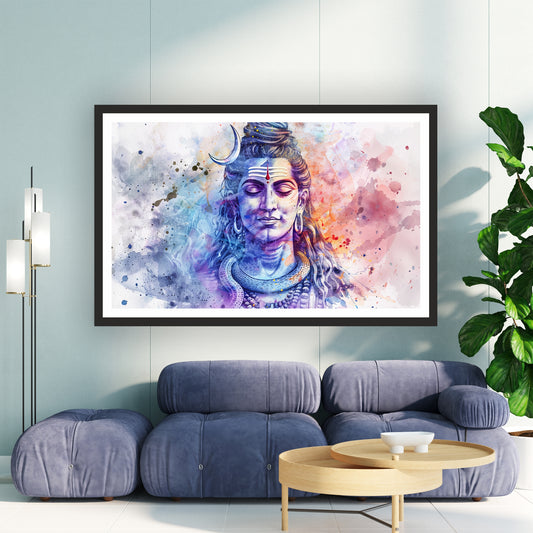 Lord Shiva Watercolor Wall Art | Mahadev Abstract Spiritual Painting | Modern Hindu Religious Decor | Premium HD Wall Frame