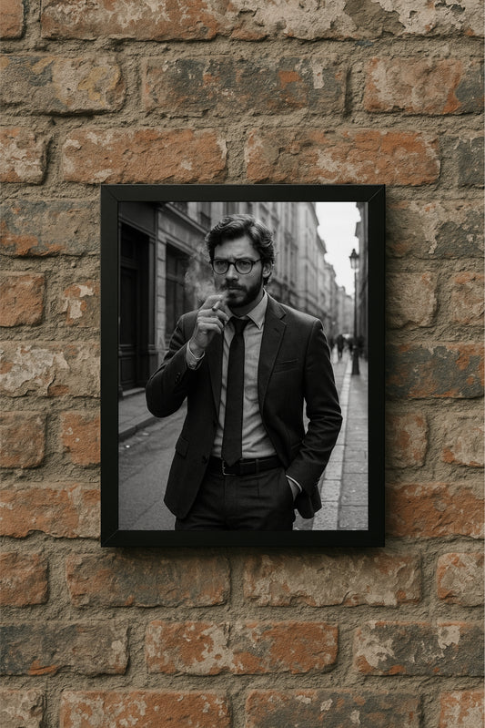 “Sharp Silence – Noir Gentleman Frame” 🖤🚬