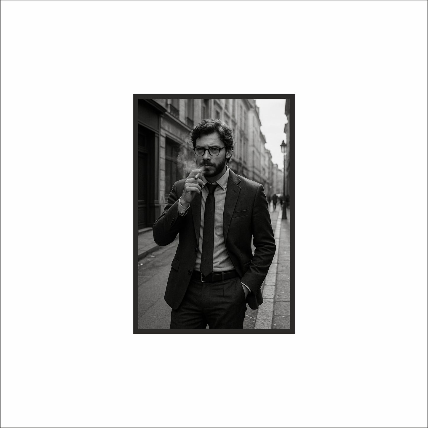 “Sharp Silence – Noir Gentleman Frame” 🖤🚬