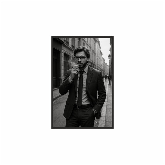 “Sharp Silence – Noir Gentleman Frame” 🖤🚬