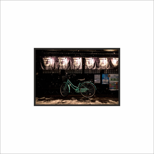 “Midnight Bicycle – Snowlit Street Frame” 🚲❄🖤