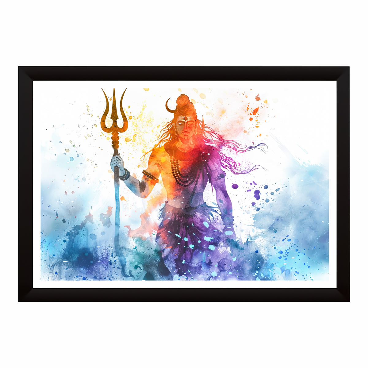 Lord Shiva Abstract Watercolor Wall Art | Mahadev with Trishul | Modern Hindu Spiritual Painting | Premium Religious HD Wall Frame
