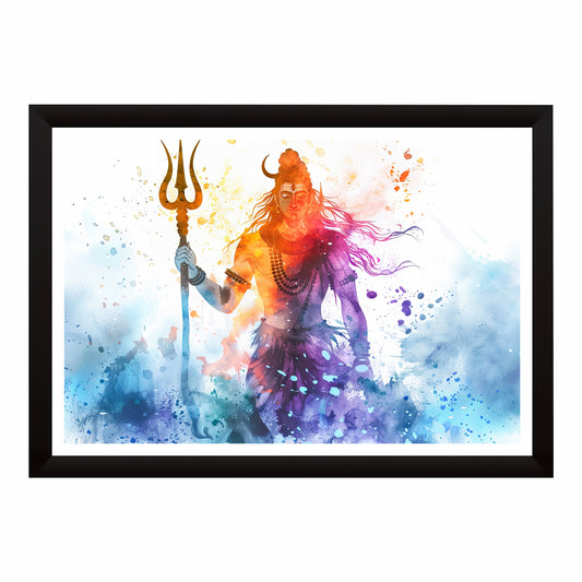 Lord Shiva Abstract Watercolor Wall Art | Mahadev with Trishul | Modern Hindu Spiritual Painting | Premium Religious HD Wall Frame