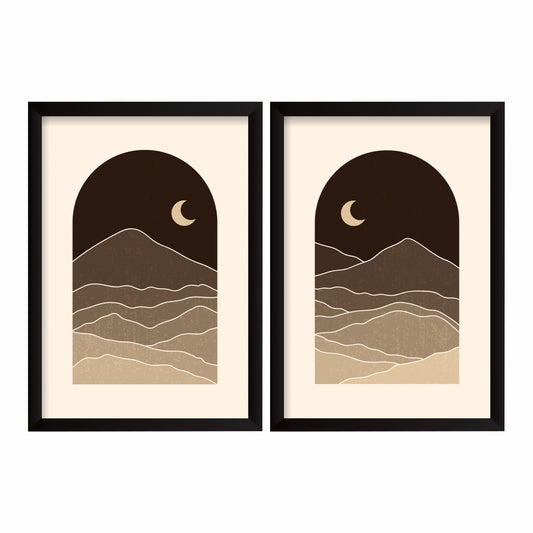 Neutral Mountain Wall Art Set of 2 | Minimalist Moon Landscape Prints | Beige Brown Boho Nature Decor