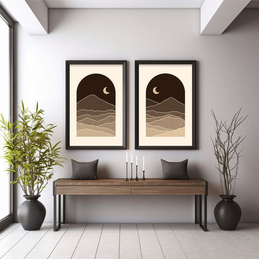 Neutral Mountain Wall Art Set of 2 | Minimalist Moon Landscape Prints | Beige Brown Boho Nature Decor