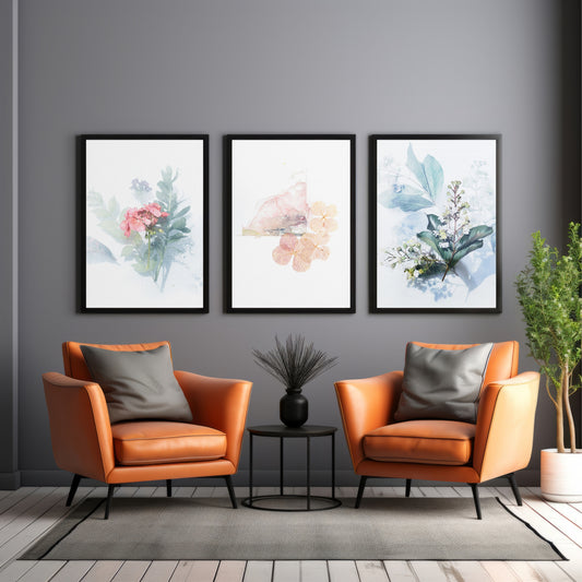 Watercolor Floral Wall Art Set of 3 – Soft Pink Flowers & Blue Botanical Prints