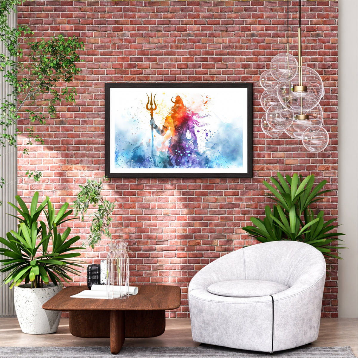 Lord Shiva Abstract Watercolor Wall Art | Mahadev with Trishul | Modern Hindu Spiritual Painting | Premium Religious HD Wall Frame