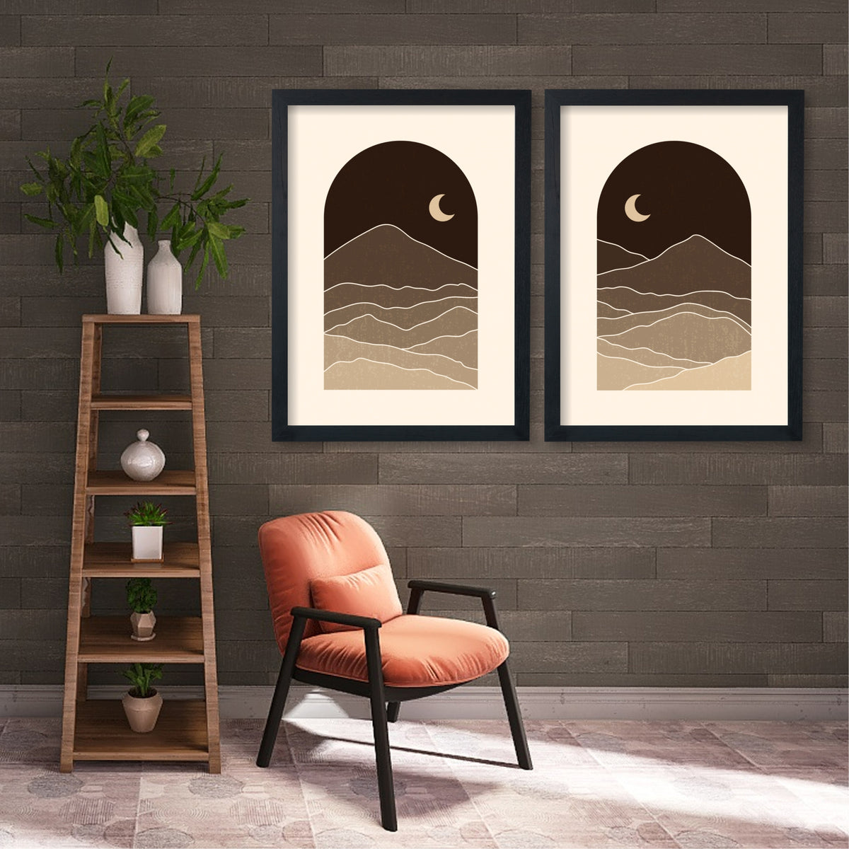 Neutral Mountain Wall Art Set of 2 | Minimalist Moon Landscape Prints | Beige Brown Boho Nature Decor
