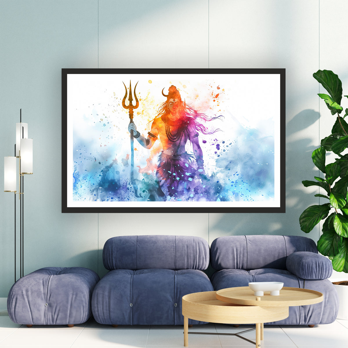 Lord Shiva Abstract Watercolor Wall Art | Mahadev with Trishul | Modern Hindu Spiritual Painting | Premium Religious HD Wall Frame