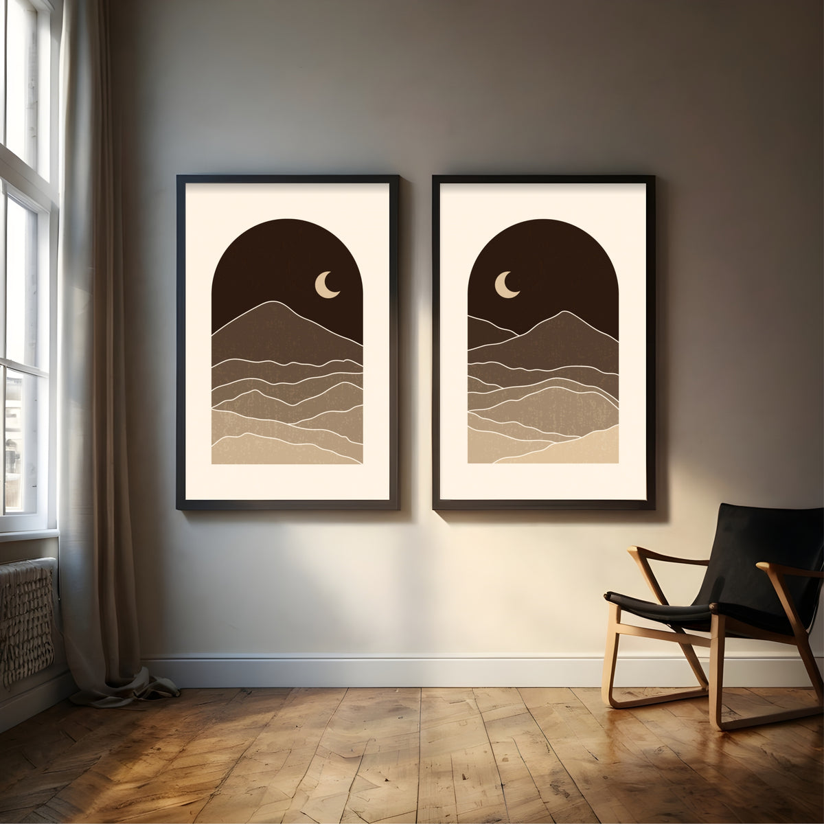 Neutral Mountain Wall Art Set of 2 | Minimalist Moon Landscape Prints | Beige Brown Boho Nature Decor